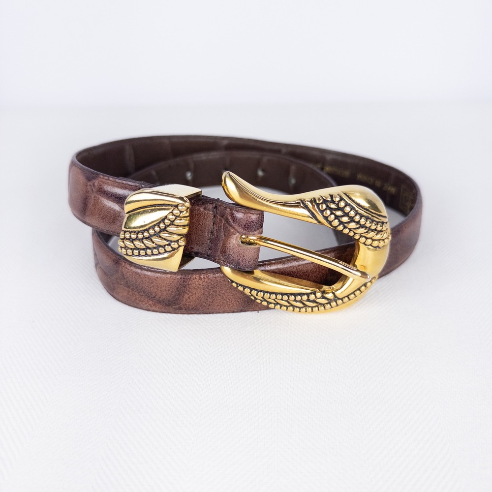 Sculptural Vintage Ritz Brown Leather Croc Embossed Belt Gold Wing Buckle 34